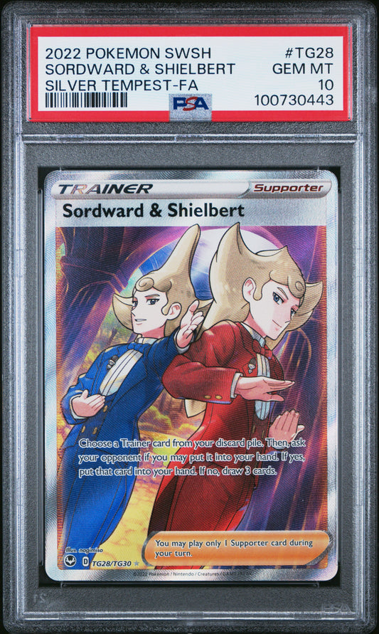 2022 POKEMON SWORD & SHIELD SILVER TEMPEST #TG28 FULL ART/SORDWARD & SHIELBERT PSA 10