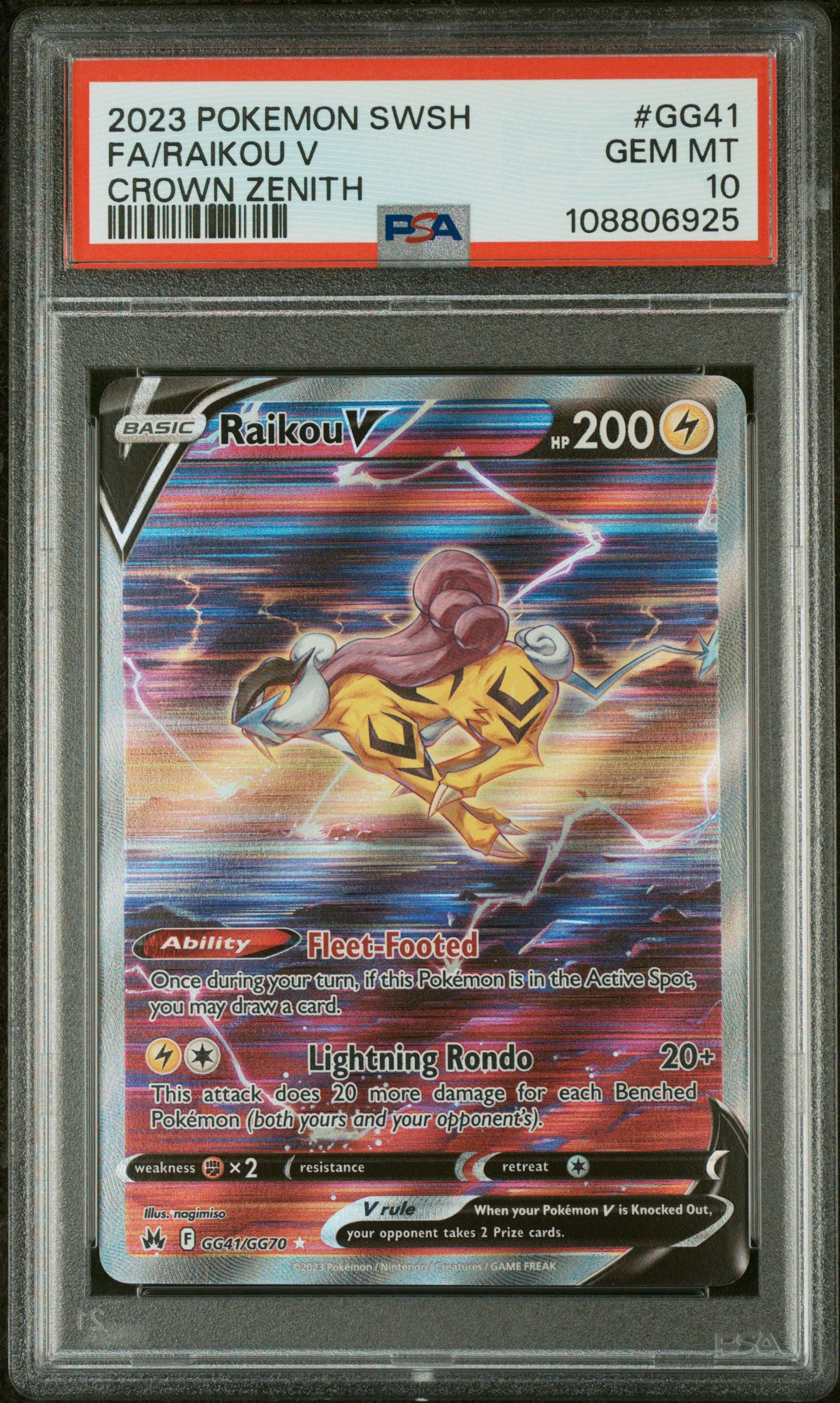 2023 POKEMON SWORD AND SHIELD CROWN ZENITH #GG41 FULL ART/RAIKOU V PSA 10