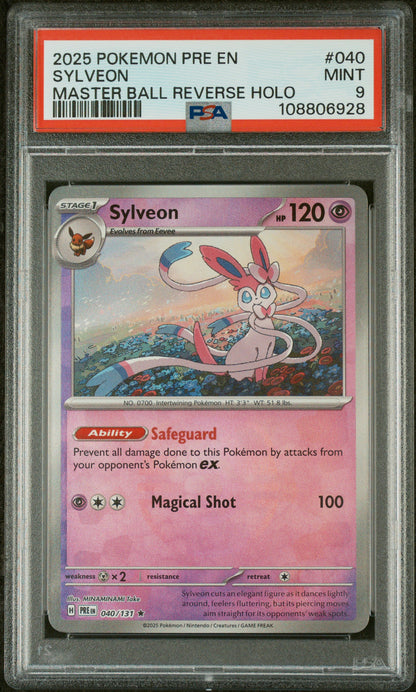 2025 POKEMON PRE EN-PRISMATIC EVOLUTIONS | MASTER BALL REVERSE HOLO #040 SYLVEON PSA 9