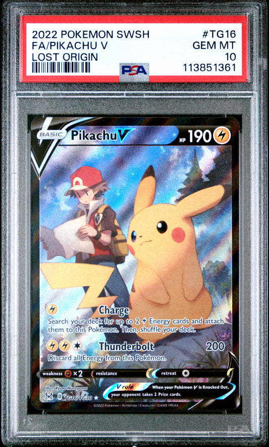 2022 POKEMON SWORD & SHIELD LOST ORIGIN #TG16 FULL ART/PIKACHU V PSA 10
