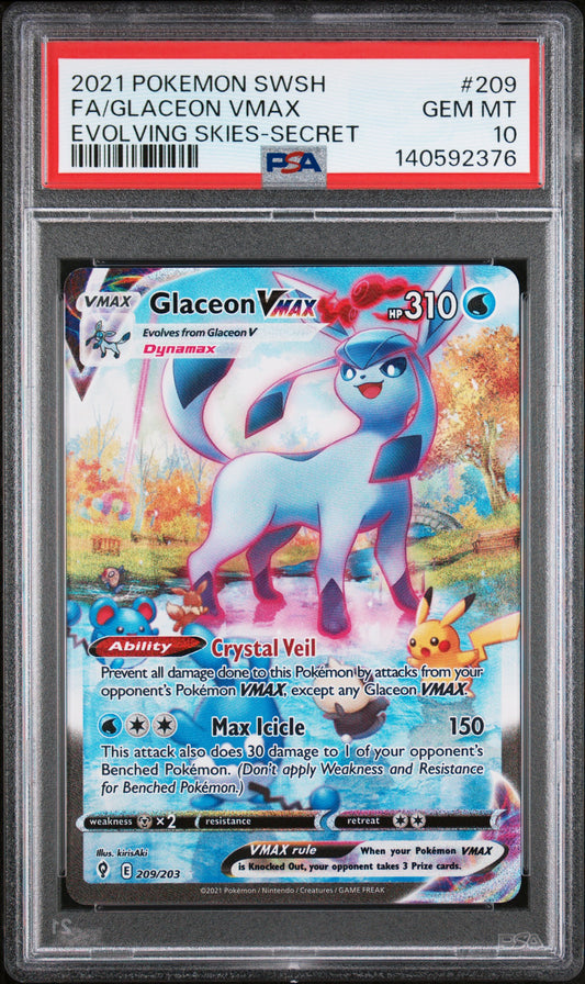 2021 POKEMON SWORD & SHIELD EVOLVING SKIES | SECRET #209 FULL ART/GLACEON VMAX PSA 10